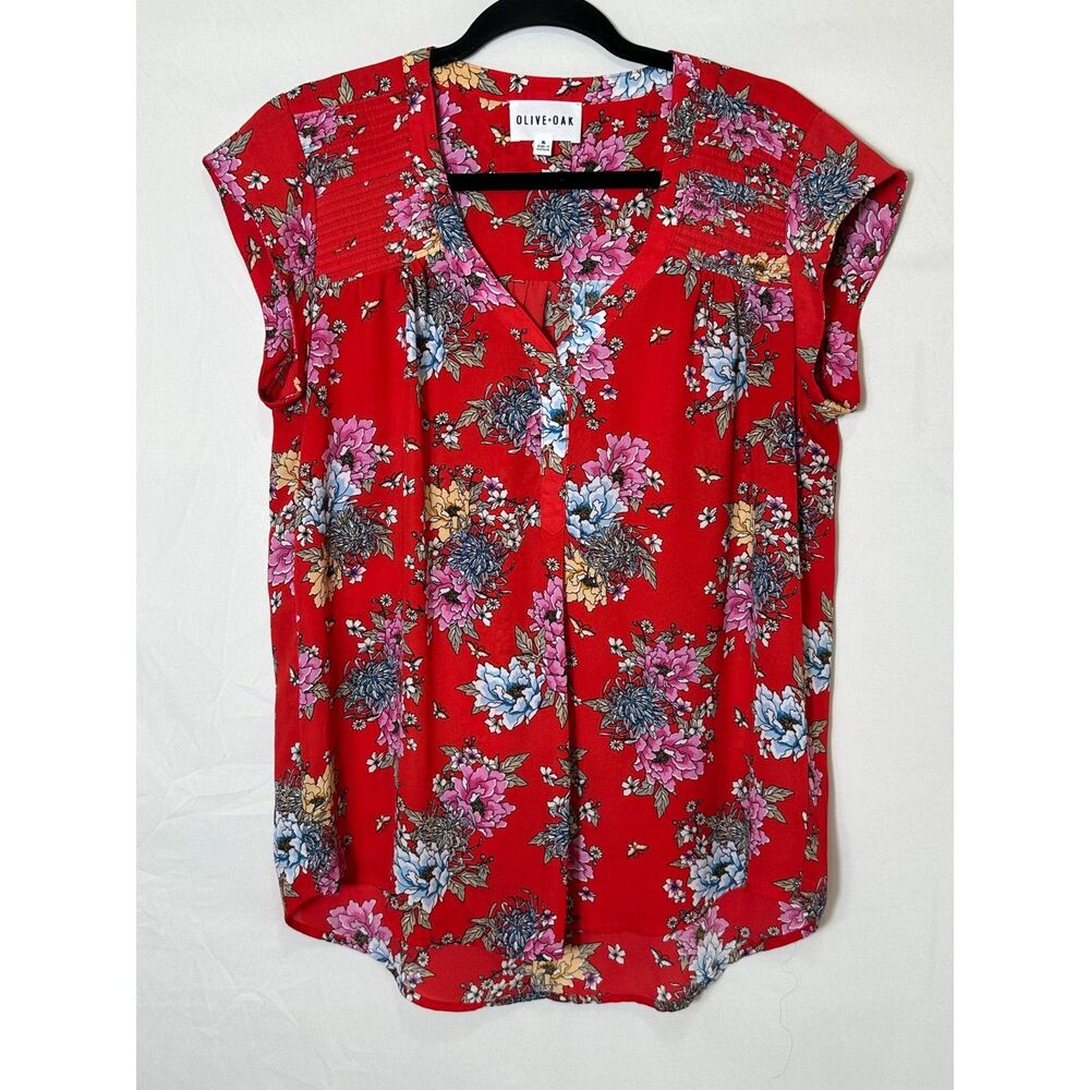 Olive + Oak Red Cap Sleeve Pleating Detail Chrysanthemum Design Blouse Size XL